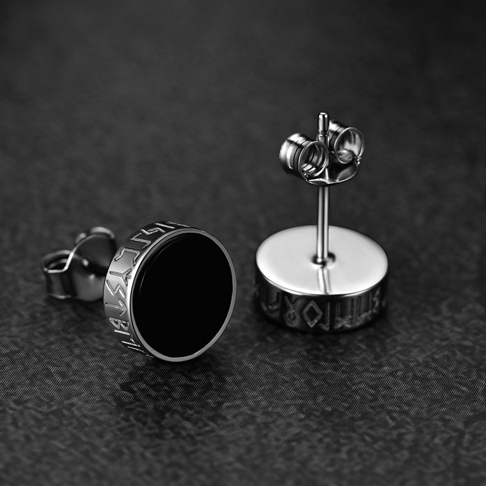 Sterling Silver Viking Runes Black Onyx Stud Earrings For Men