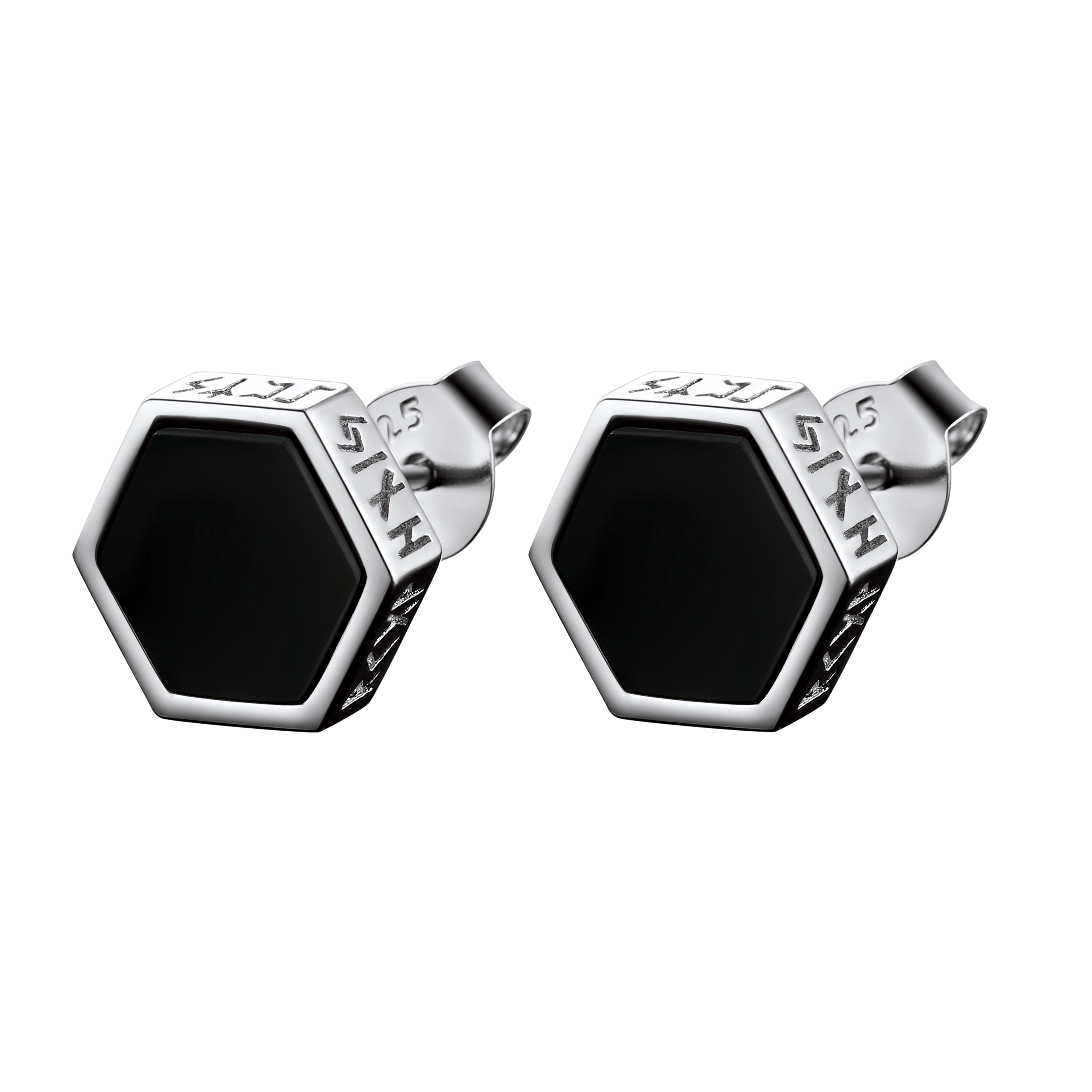 Hexagon Viking Rune Black Onyx Stud Earrings for Men