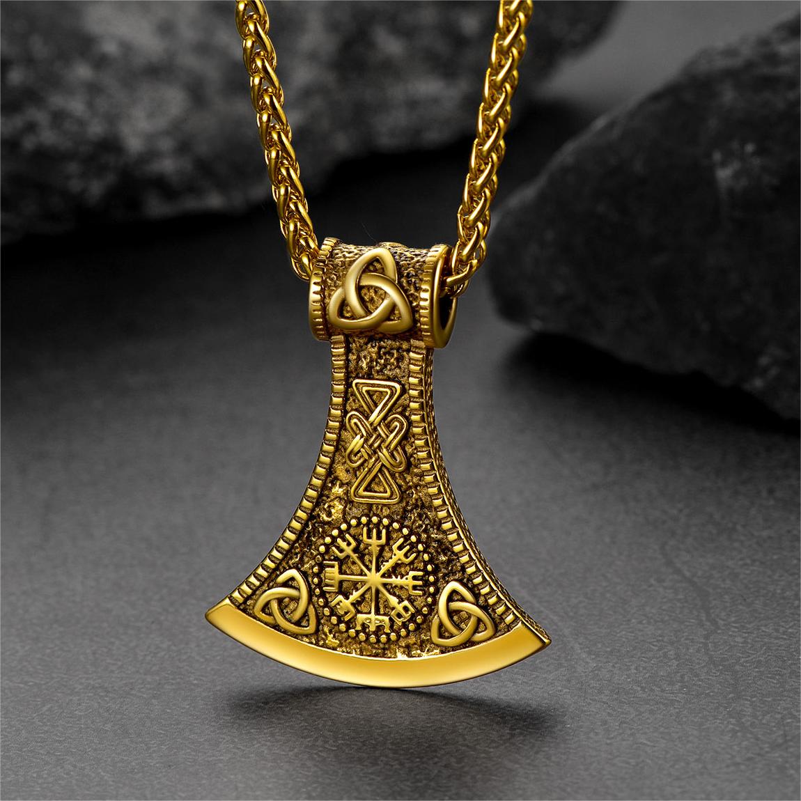 Battle Axe Viking Pendant Necklace with Compass For Men
