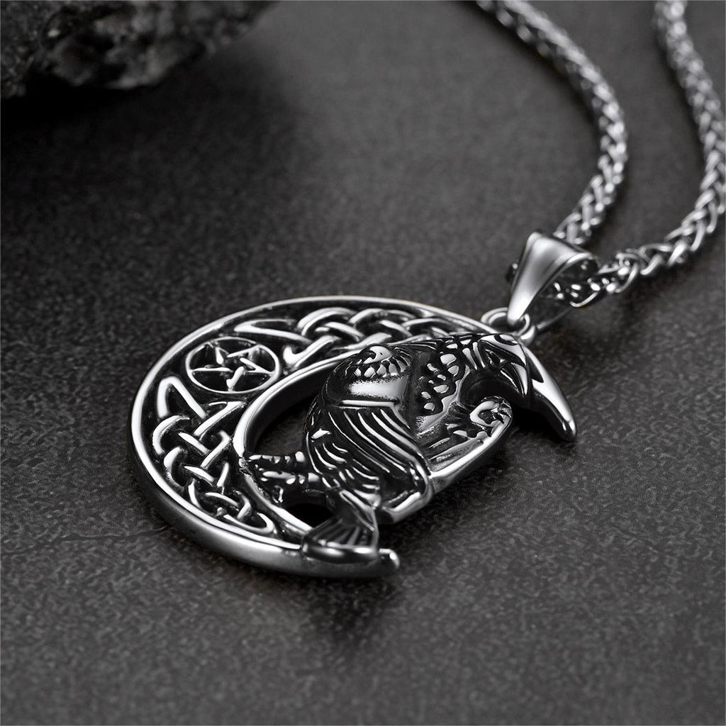 Celtic Crescent Moon Necklace With Odin Raven