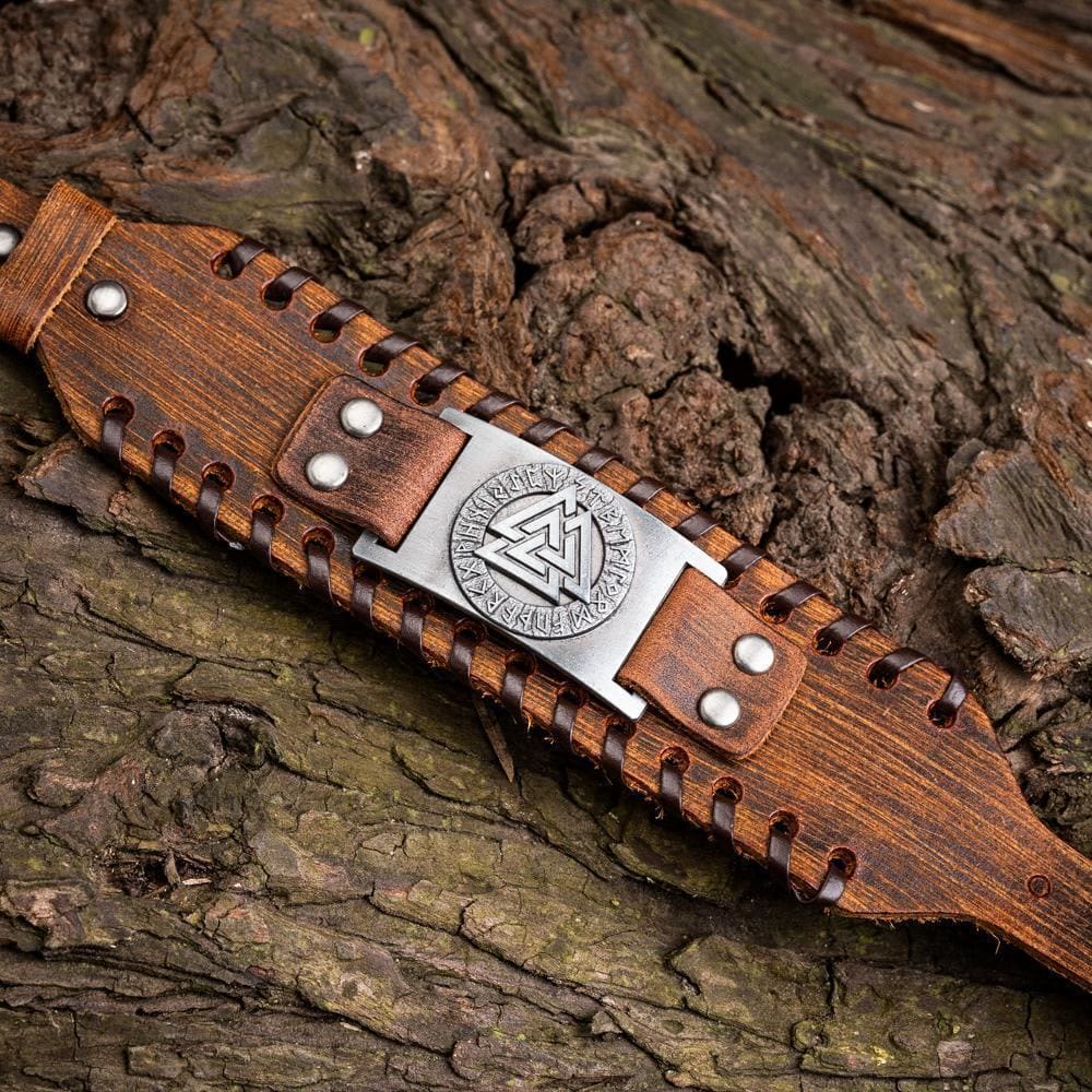 Genuine Leather Buckle Arm Cuff Valknut Rune Metal Bracelet
