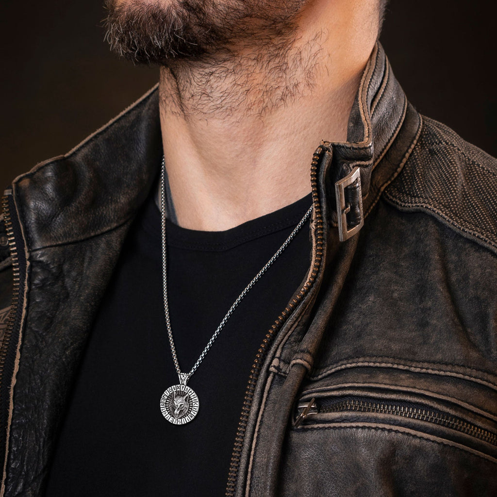 Norse Viking Rune Hoop Earrings & Wolf Medal Necklace Set For Men