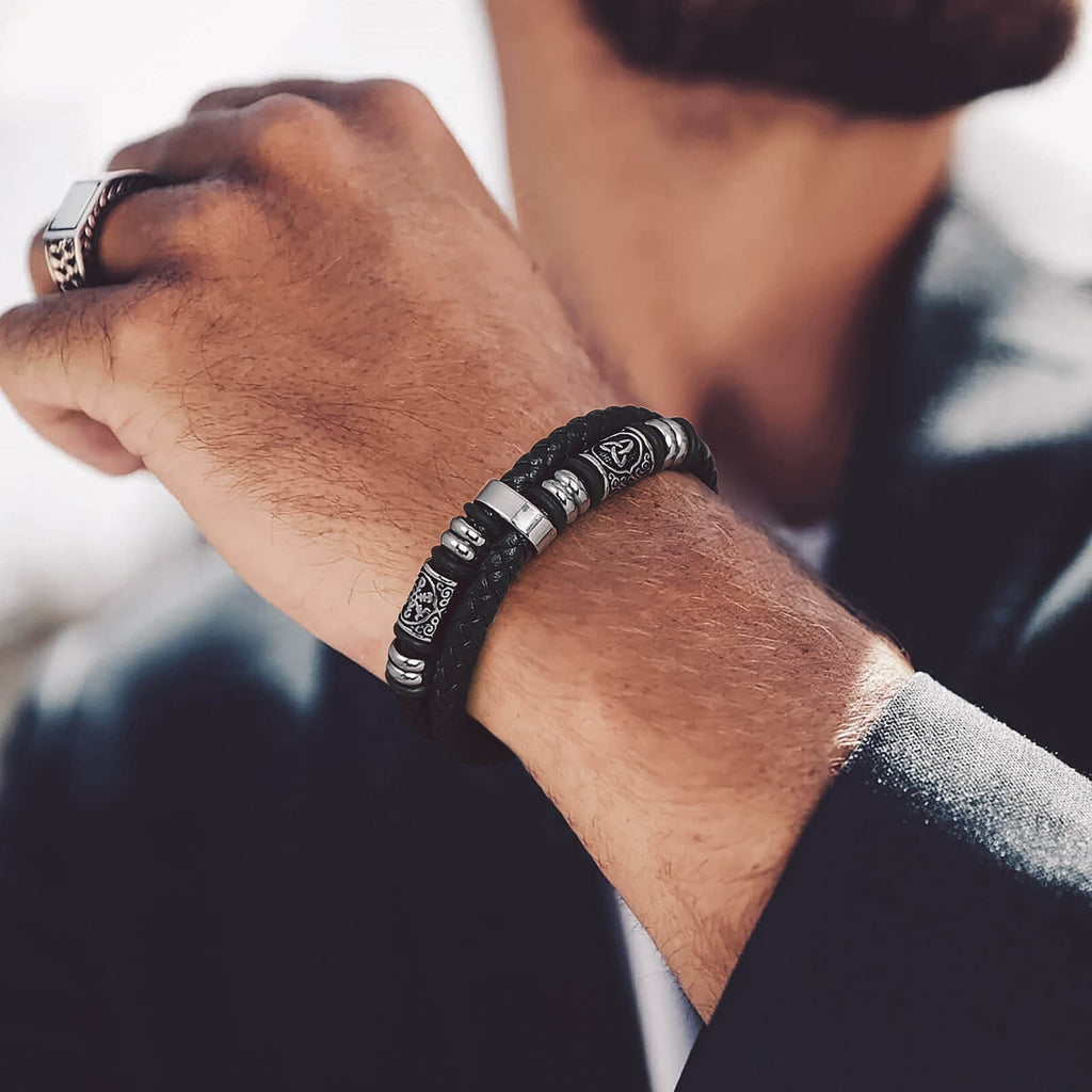 Engraved Viking Leather Braided Wristband Bracelet Gift for My Grandson