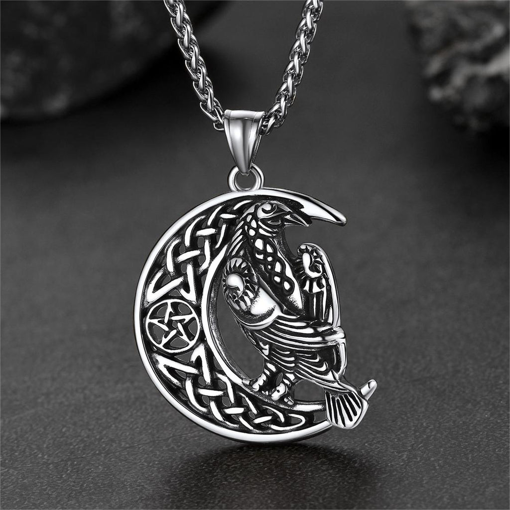 Celtic Crescent Moon Necklace With Odin Raven