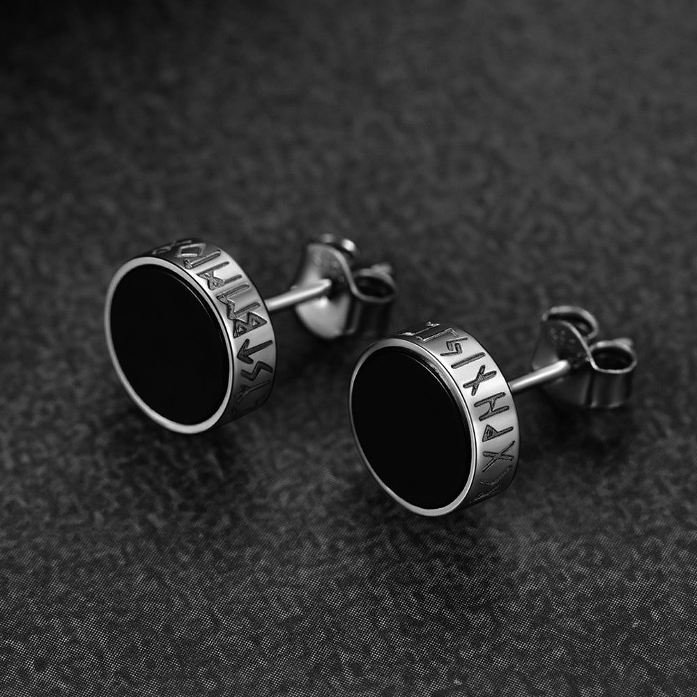 Sterling Silver Viking Runes Black Onyx Stud Earrings For Men