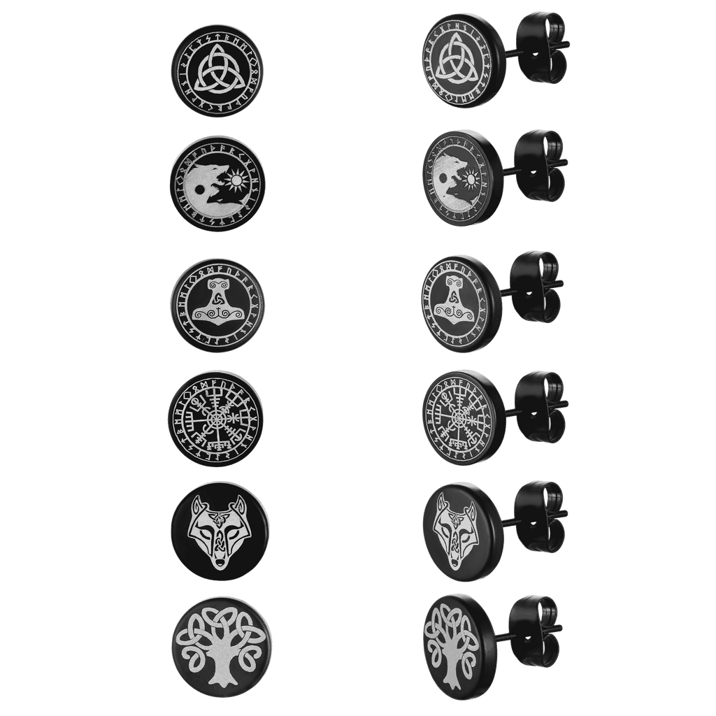 Viking Black Stud Earrings Set For Men 6 Pairs