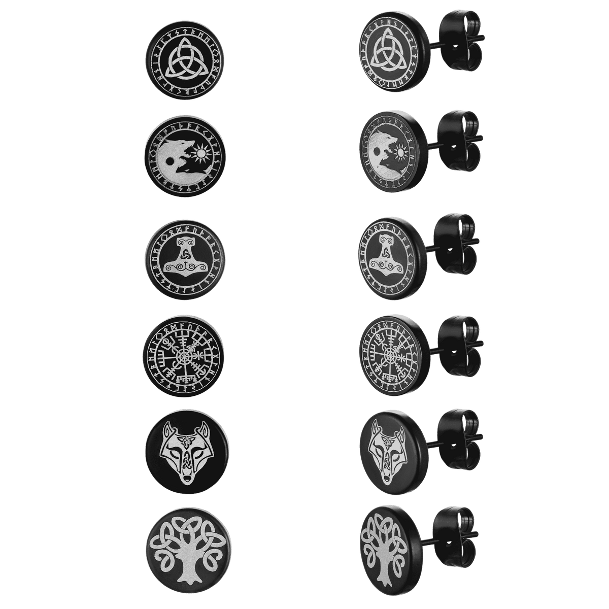 Viking Black Stud Earrings Set For Men 6 Pairs