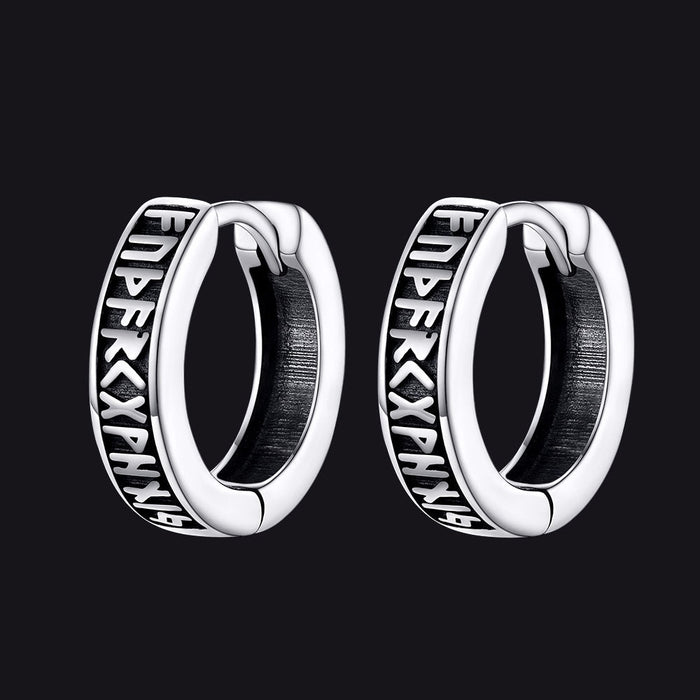 Norse Viking Runes Huggie Hoop Earrings in Sterling Silver
