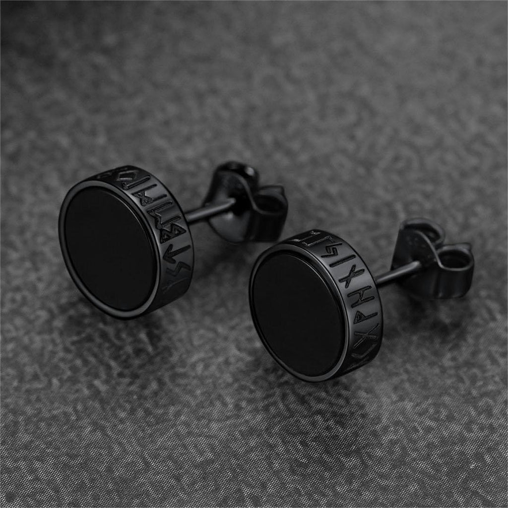 Sterling Silver Viking Runes Black Onyx Stud Earrings For Men
