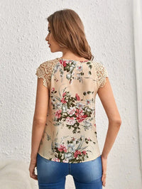 Women Beige Floral Print Blouse Round Neck Keyhole Shoulder Lace Sleeveless Top Spring Summer Sweet Elegant Daily Casual T-Shirt