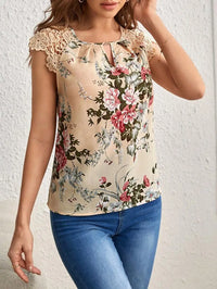 Women Beige Floral Print Blouse Round Neck Keyhole Shoulder Lace Sleeveless Top Spring Summer Sweet Elegant Daily Casual T-Shirt