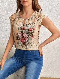 Women Beige Floral Print Blouse Round Neck Keyhole Shoulder Lace Sleeveless Top Spring Summer Sweet Elegant Daily Casual T-Shirt