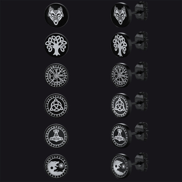 Viking Black Stud Earrings Set For Men 6 Pairs
