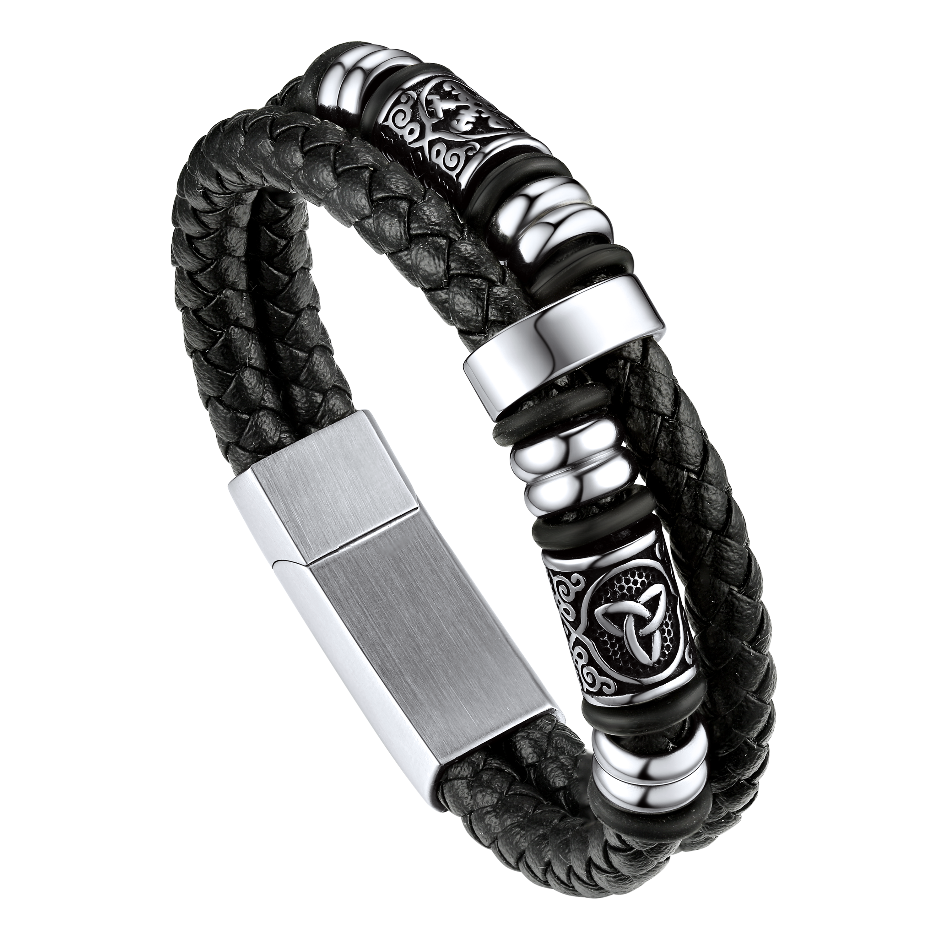 Viking Black Engraved Leather Braided Wristband Bracelet for Men