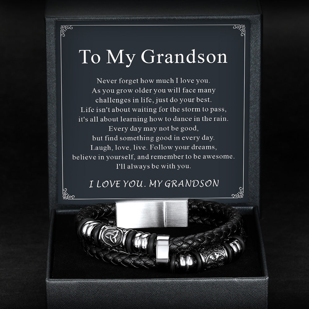 Viking Black Engraved Leather Braided Wristband Bracelet for Men