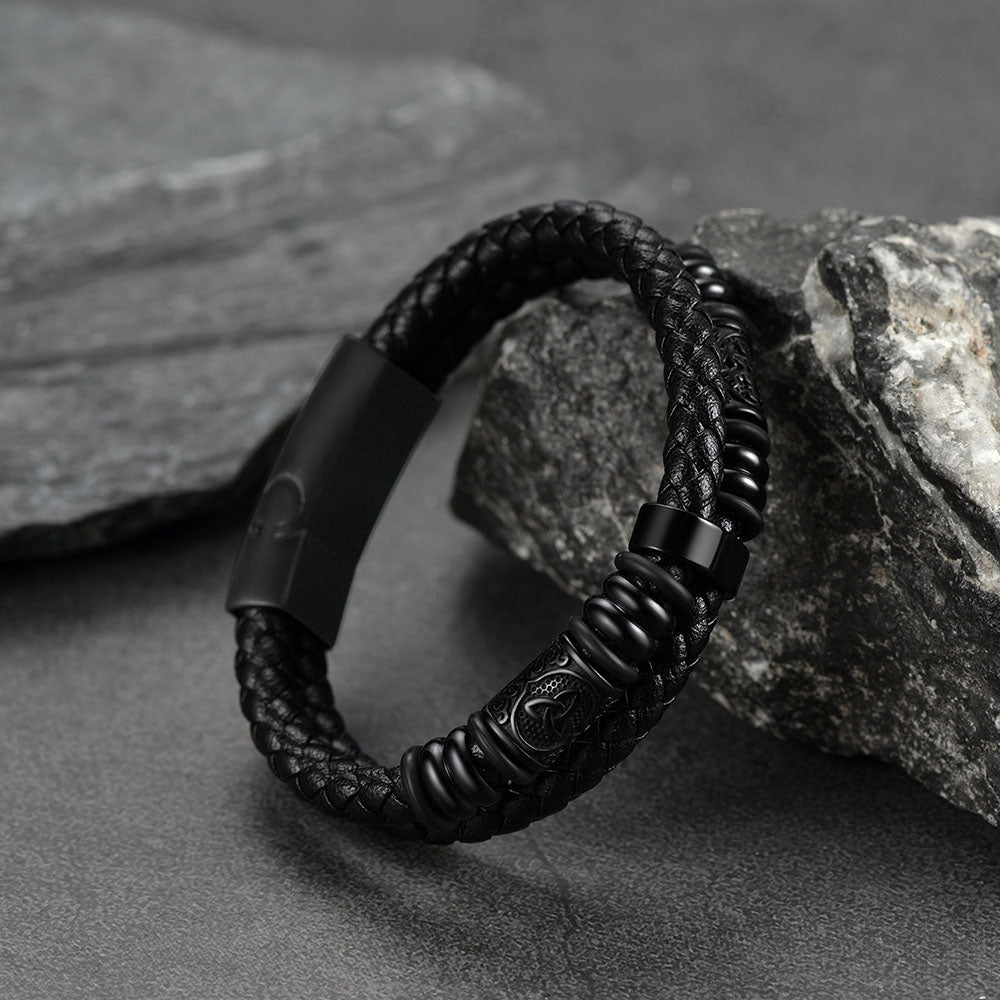 Viking Black Engraved Leather Braided Wristband Bracelet for Men
