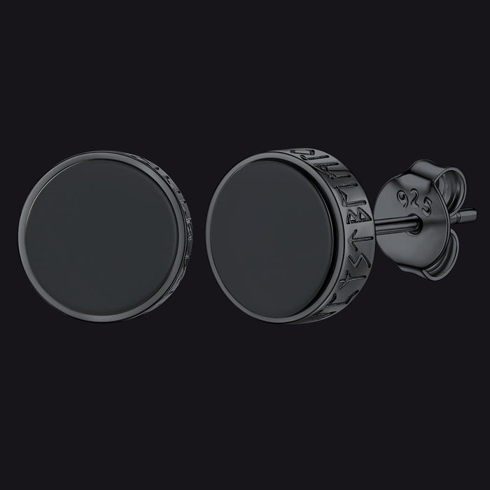 Sterling Silver Viking Runes Black Onyx Stud Earrings For Men