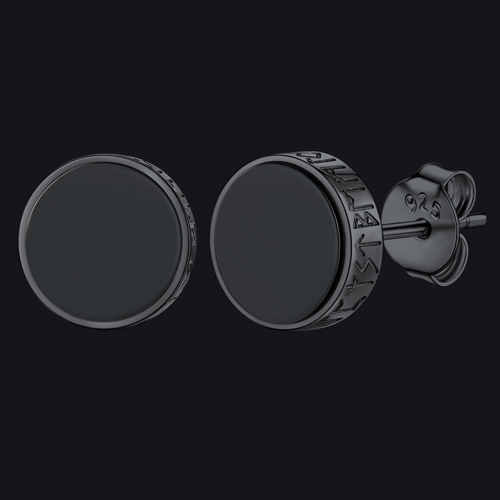 Black Onyx Stud Earrings With Viking Runes in Sterling Silver