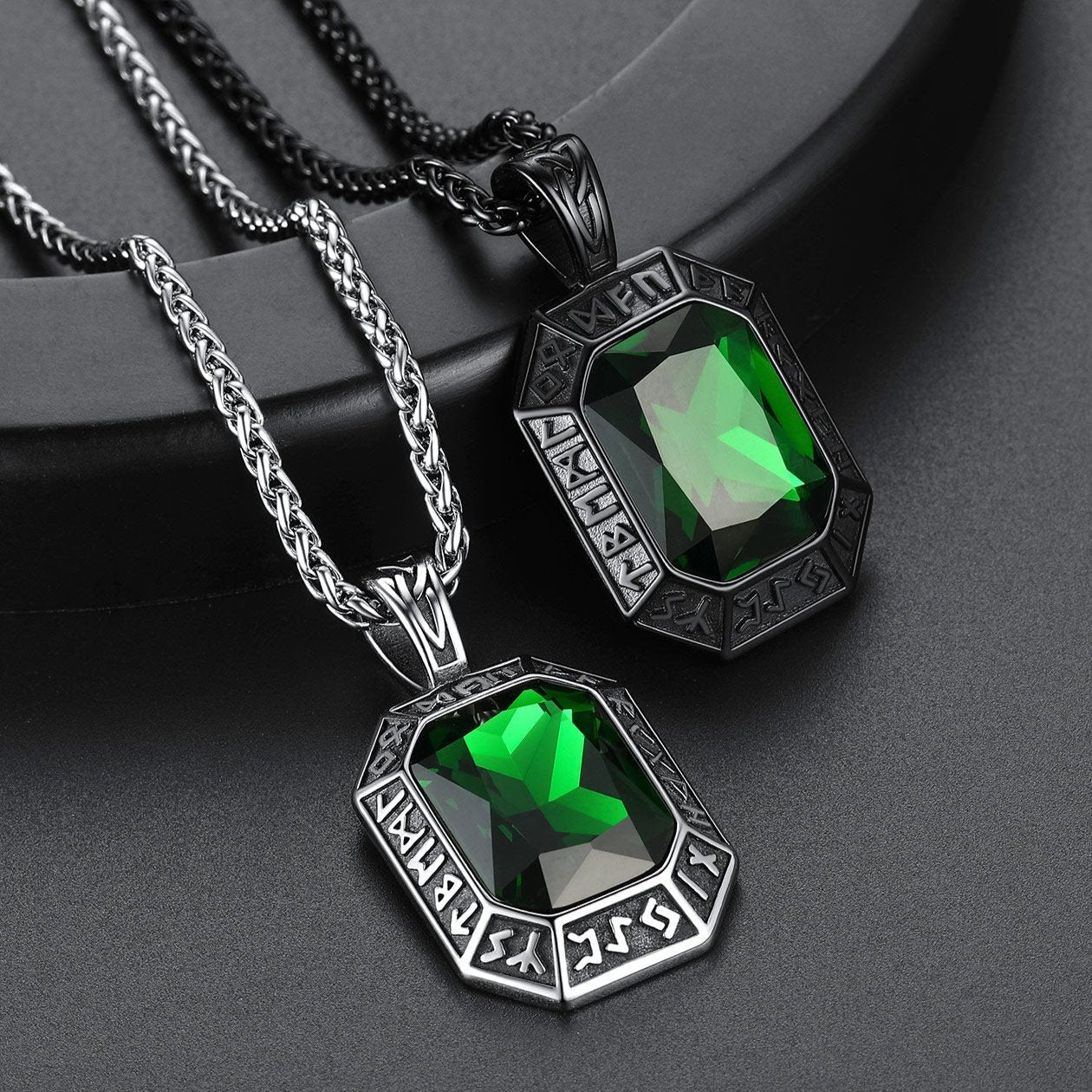 Engraved Crystal Dog Tag Necklace with Viking Runes For Men