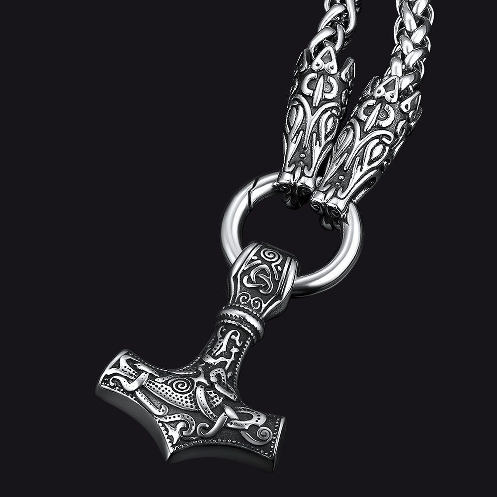 Viking Thor's Hammer Mjolnir Necklace For Men With Wolf Chain