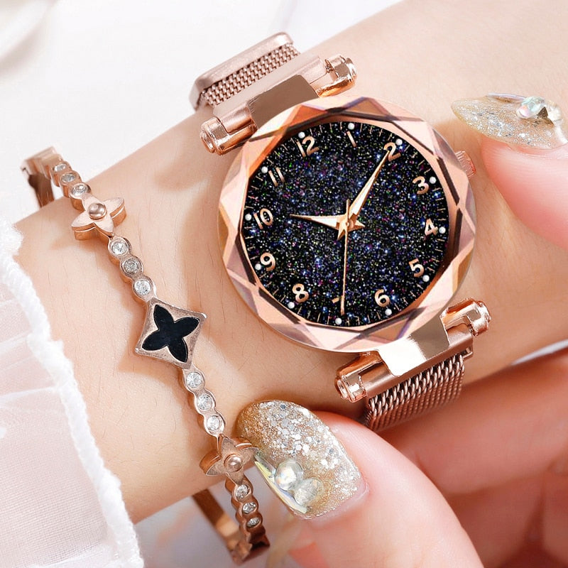 Celestial Elegance | Women's Watch with Magnetic Mesh Strap | Timeless Starry Design for Everyday Style