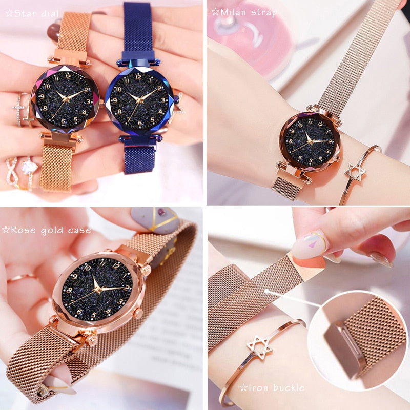 Celestial Elegance | Women's Watch with Magnetic Mesh Strap | Timeless Starry Design for Everyday Style