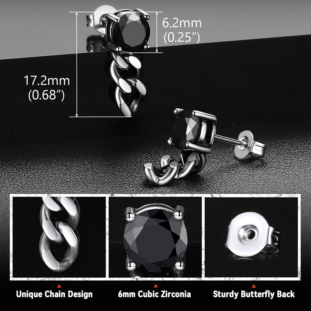 Black Cubic Zirconia Chain Link Dangle Stud Earrings for Men