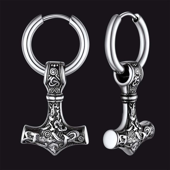 Viking Thor's Hammer Mjolnir Dangle Hoop Earrings Jewelry For Men