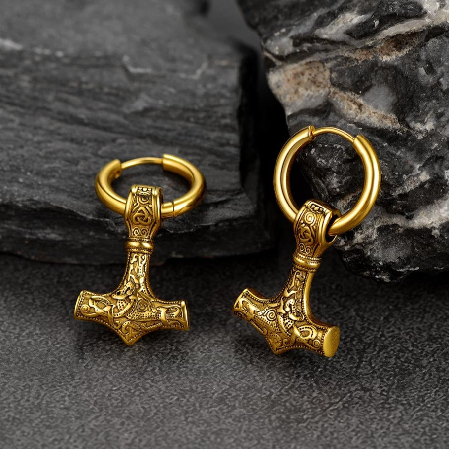 Viking Thor's Hammer Mjolnir Dangle Hoop Earrings Jewelry For Men