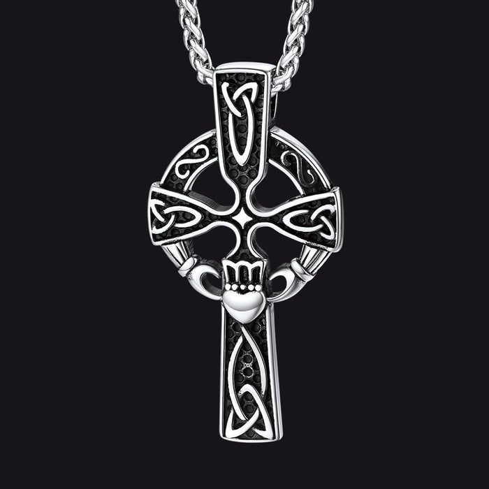 Irish Celtic Cross Necklace with Claddage For Men