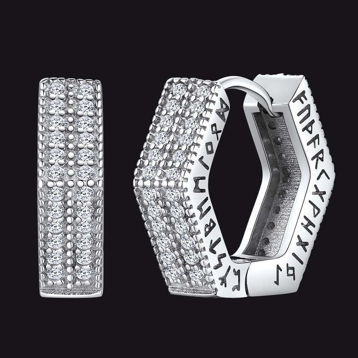 Hexagon Viking Diamond Hoop Earrings With Runes for Men