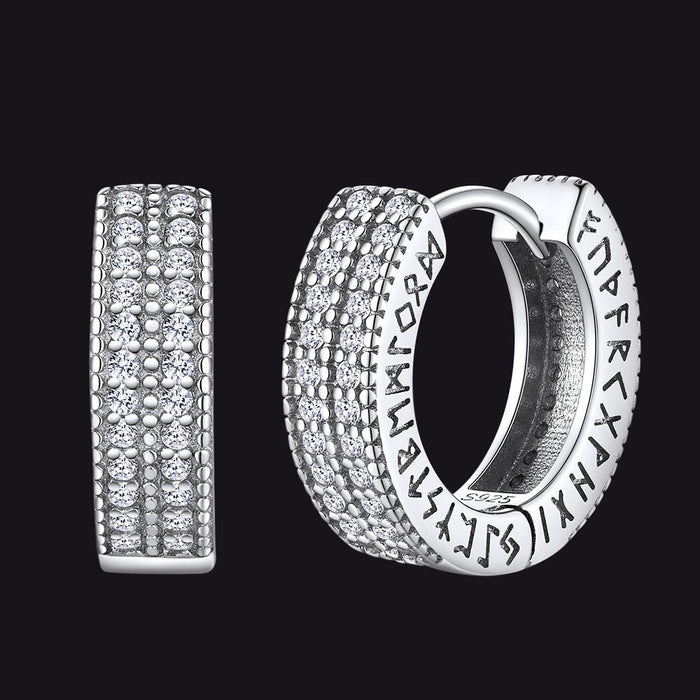 Sterling Silver Diamond Hoop Earrings with Viking Runes for Men