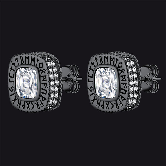 Cushion Cut Diamond Stud Earrings with Viking Runes in Sterling Silver