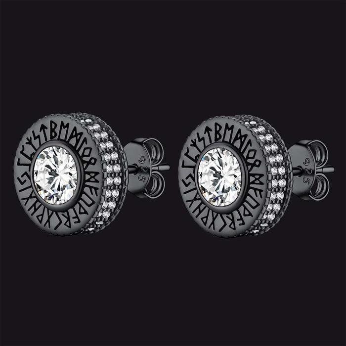 Sterling Silver Viking Runes Gemstone Stud Earrings for Men