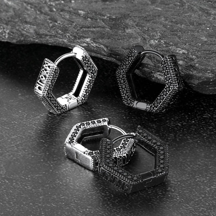 Viking Runes Hexagon Huggie Hoop Earrings for Men