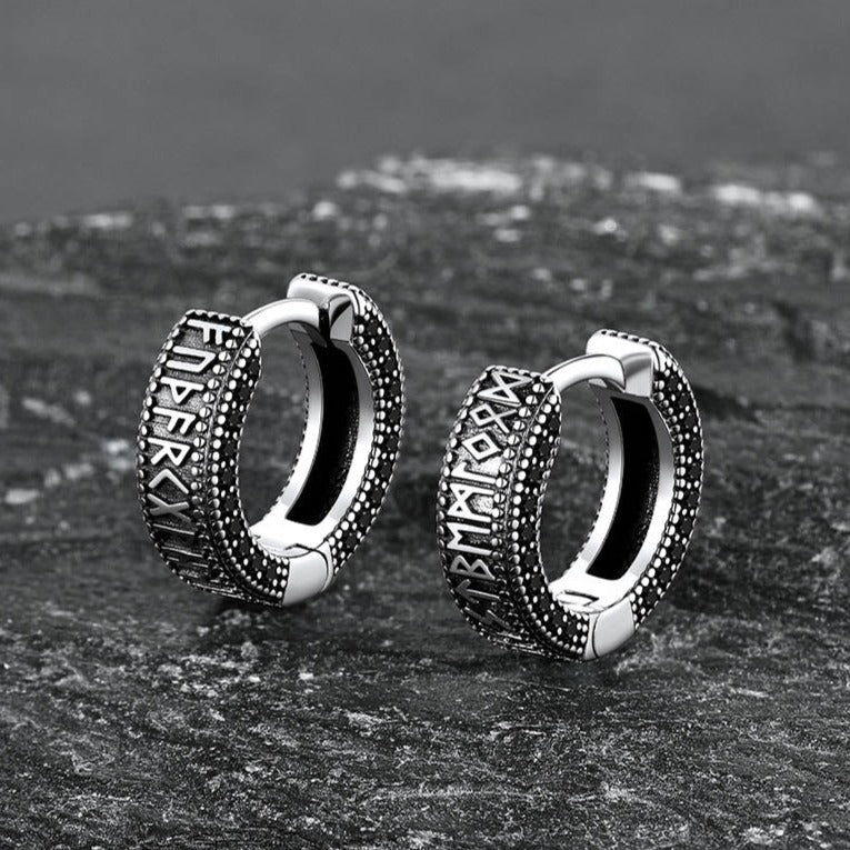 Sterling Silver Viking Runes Hoop Earrings With Black Zirconia for Men