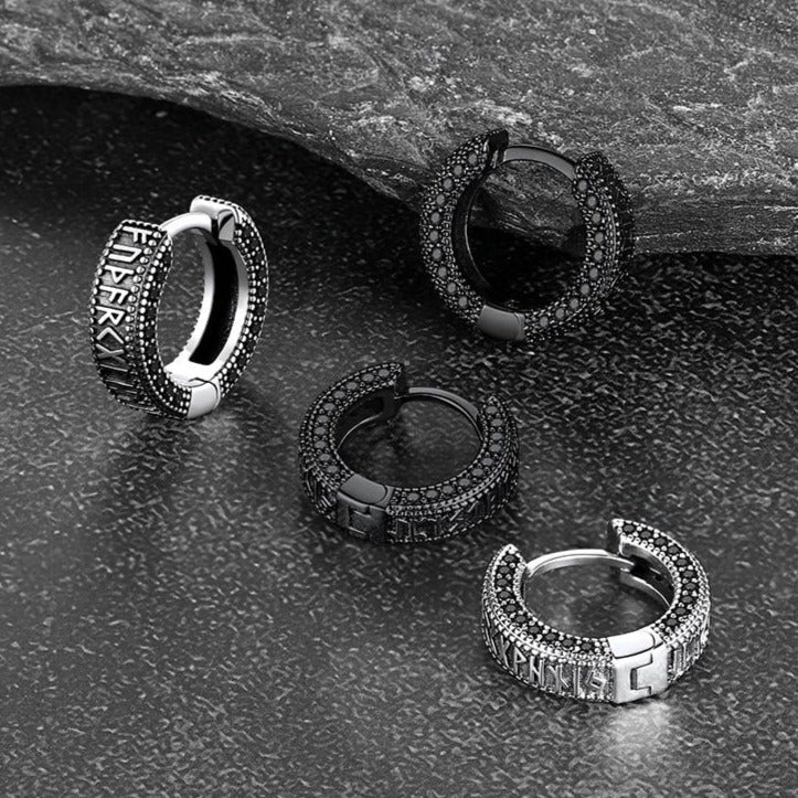 Sterling Silver Viking Runes Hoop Earrings With Black Zirconia for Men