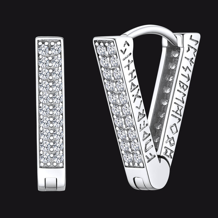 Cubic Zirconia Triangle Huggie Hoop Earrings With Viking Runes for Men
