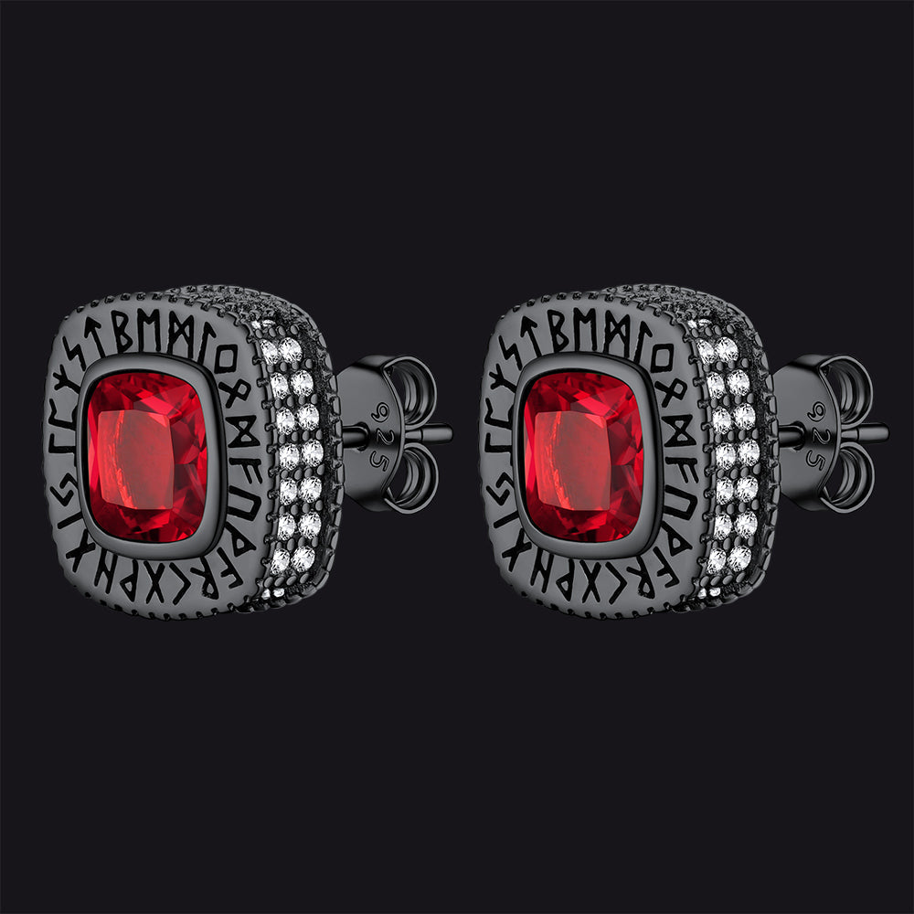 Cushion Cut Diamond Stud Earrings with Viking Runes in Sterling Silver