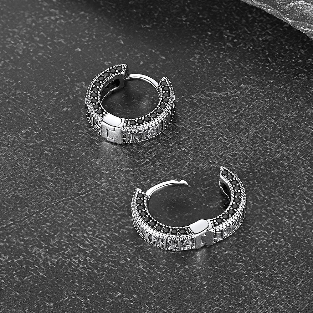 Sterling Silver Viking Runes Hoop Earrings With Black Zirconia for Men