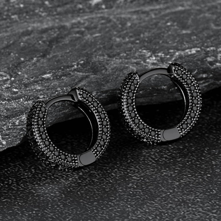 Sterling Silver Viking Runes Hoop Earrings With Black Zirconia for Men