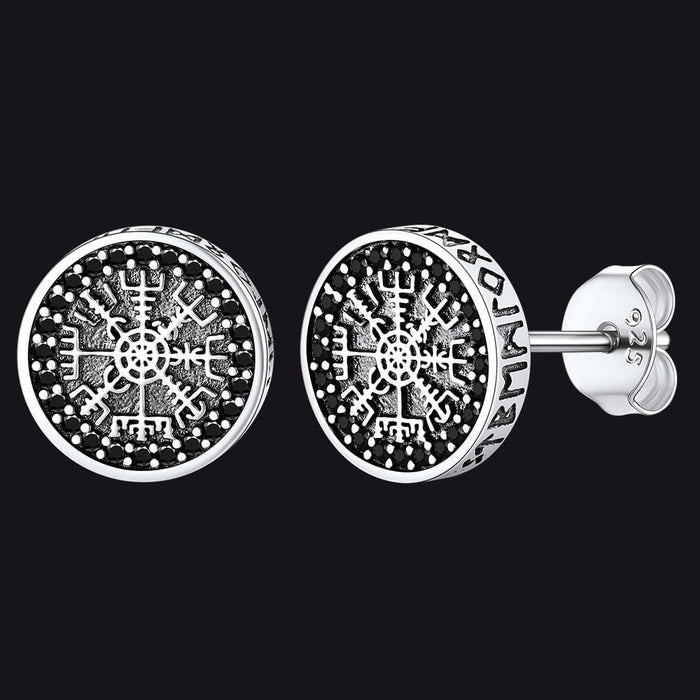 Sterling Silver Viking Compass Stud Earrings With Runes