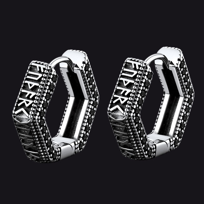 Viking Runes Hexagon Huggie Hoop Earrings for Men