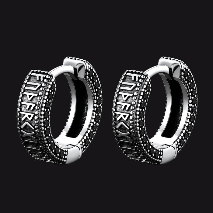 Sterling Silver Viking Runes Hoop Earrings With Black Zirconia for Men