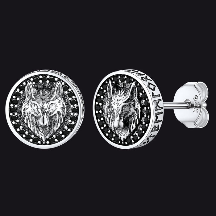 Sterling Silver Viking Wolf Head Stud Earrings For Men