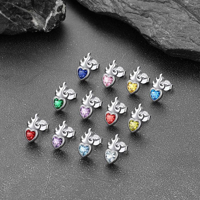 Sterling Silver Sacred Heart Flame Birthstone Earrings