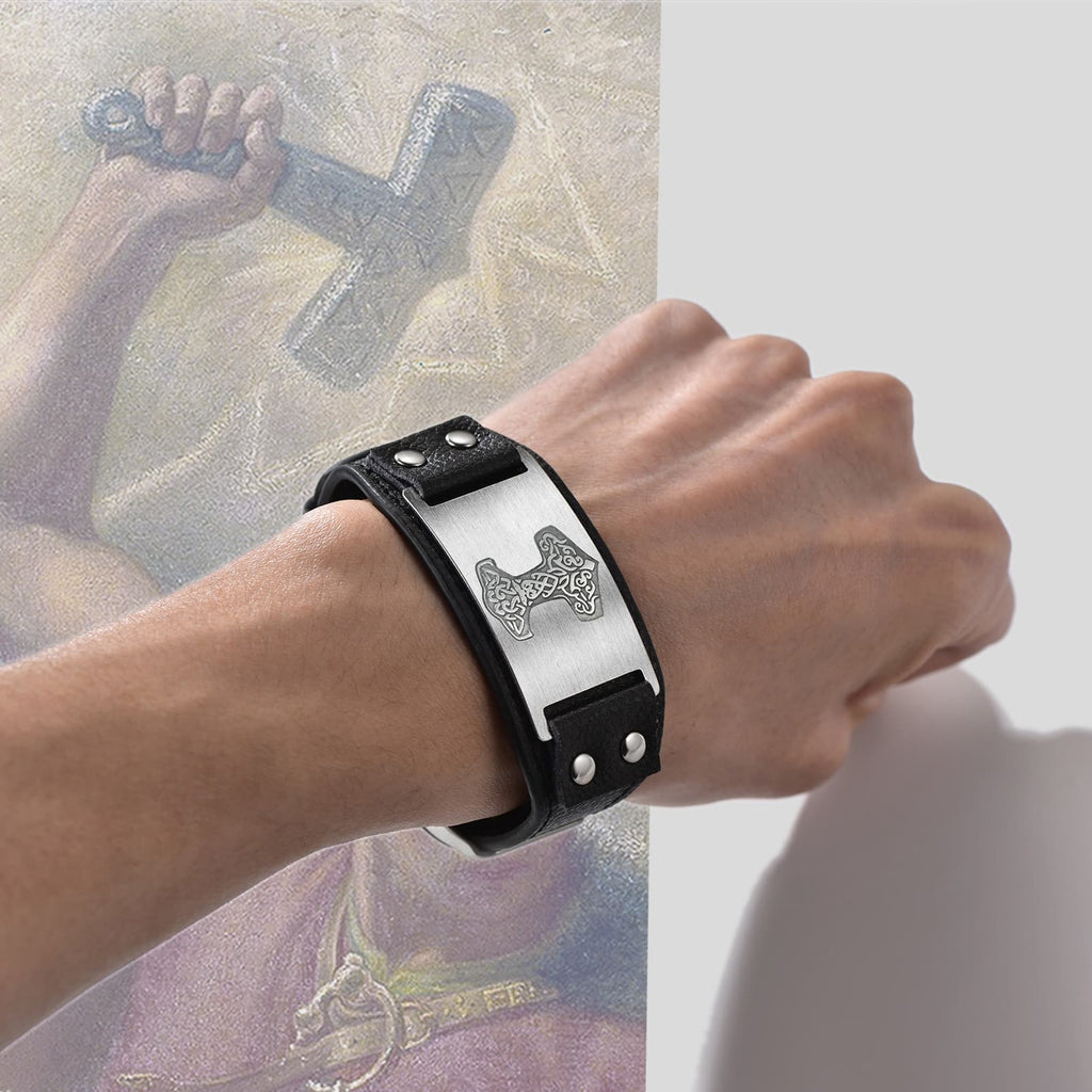 Viking Thor's Hammer Cuff Bracelet Leather Wristband For Men Son