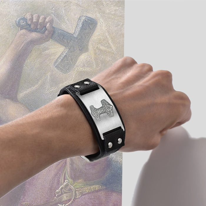 Viking Thor's Hammer Cuff Bracelet Leather Wristband For Men Son