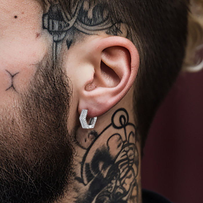Hexagon Viking Diamond Hoop Earrings With Runes for Men