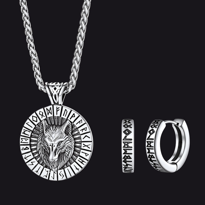 Norse Viking Rune Hoop Earrings & Wolf Medal Necklace Set For Men